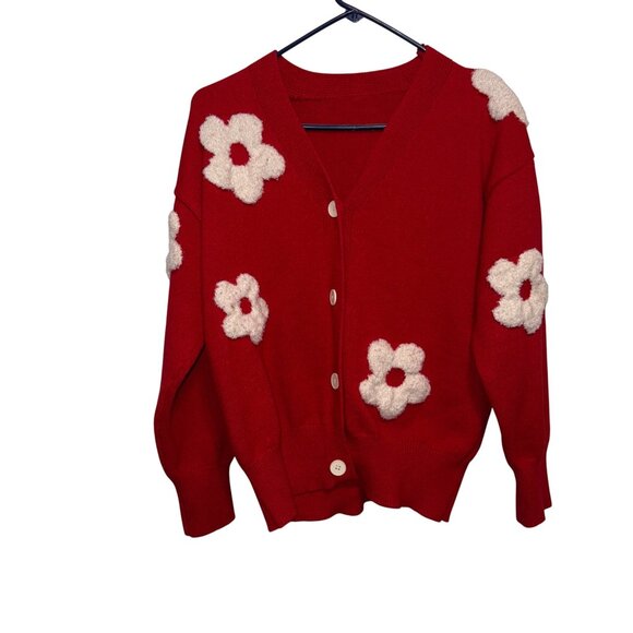 Cider Sweaters - Red Button-Up Cardigan With White 3D Floral Design By Cider Long Sleeves Size M